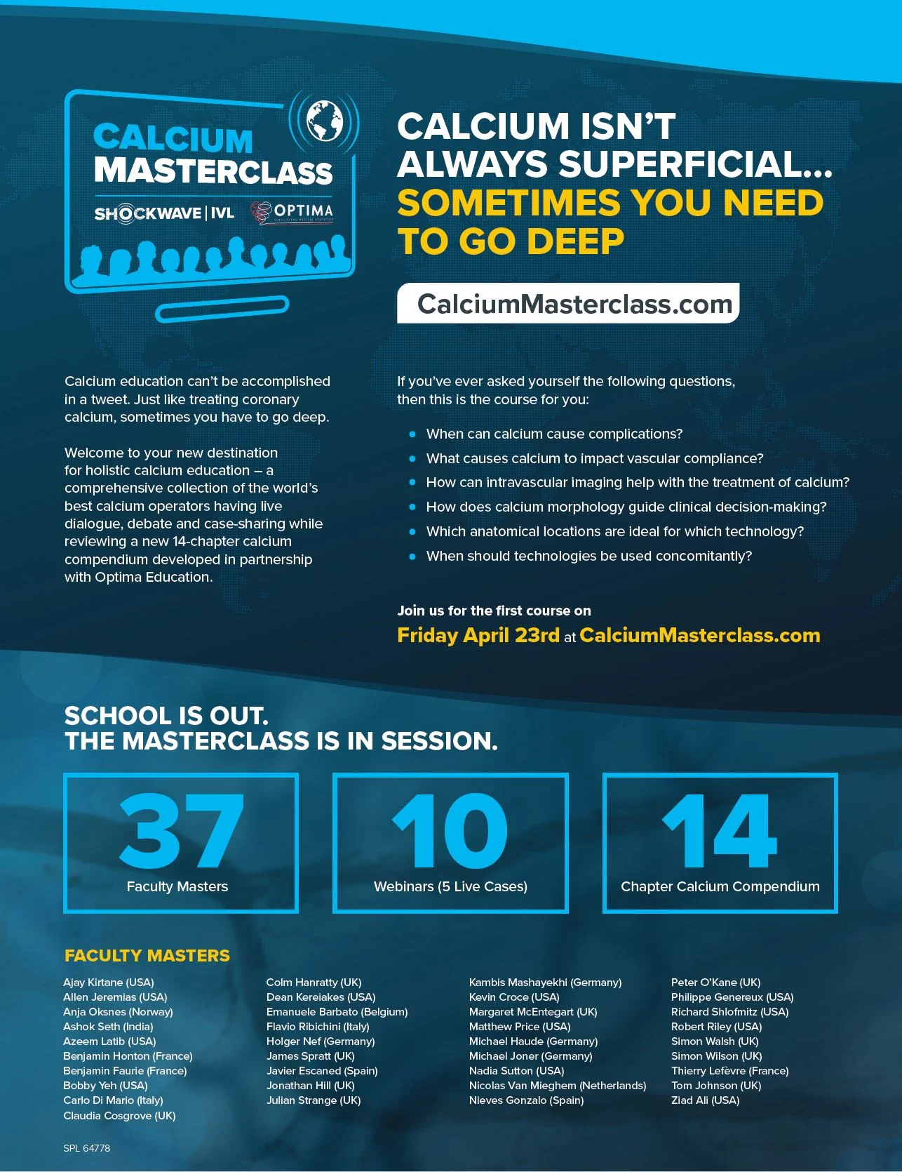 flyer for the 'Calcium Masterclass' by Shockwave IVL and Optima Education. The headline reads: 'Calcium isn’t always superficial… Sometimes you need to go deep.'