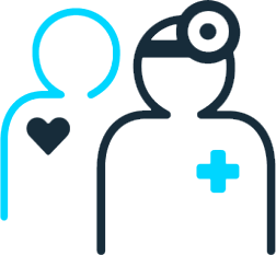 Blue line icon of a doctor and a patient.