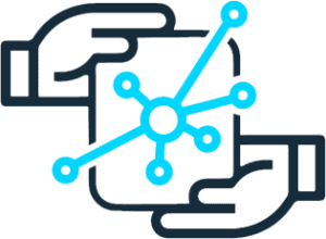 Line icon of two hands holding a box with expanding bubble graph