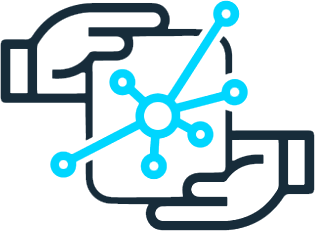 Line icon of two hands holding a box with expanding bubble graph