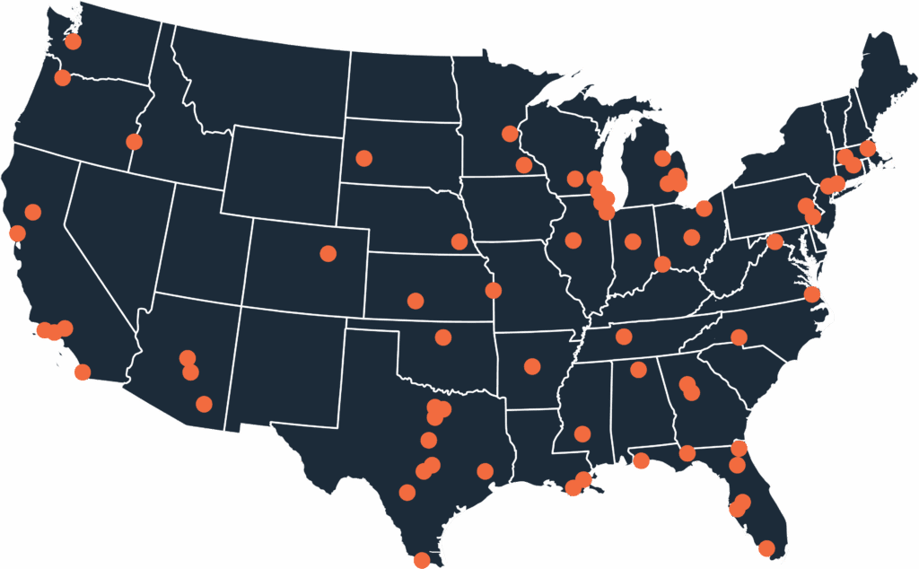 Map of U.S. with orange dots over COSIRA II sites