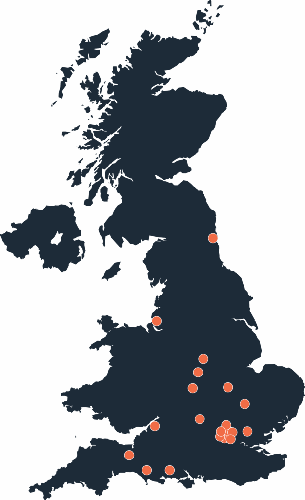 Illustrated map of the United Kingdom, with London, Liverpool, Oxford, Newcastle, Bristol and Dorchester highlighted