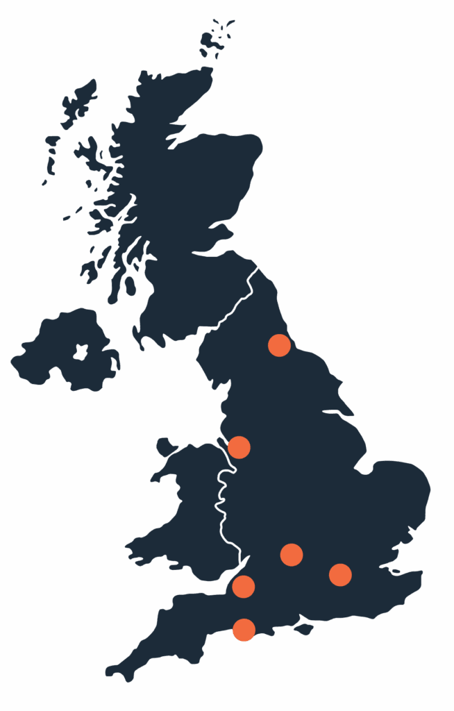 Illustrated map of the United Kingdom, with London, Liverpool, Oxford, Newcastle, Bristol and Dorchester highlighted