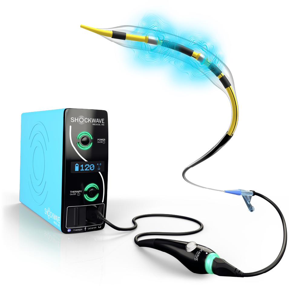 Hero image of the Shockwave generator and Shockwave C2 Aero Intravascular Lithotripsy catheter