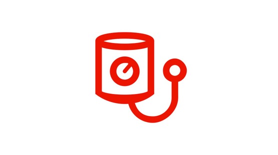 Red line icon of a blood pressure cuff on a plain white background