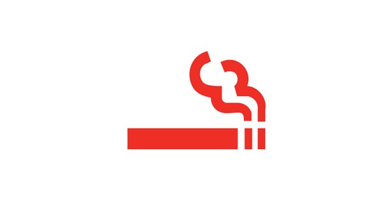 Red line icon of a lit cigarette on a plain white background